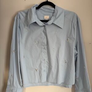 A New Day Womens Blue Button Up‎ Embellished Shirt Size XL